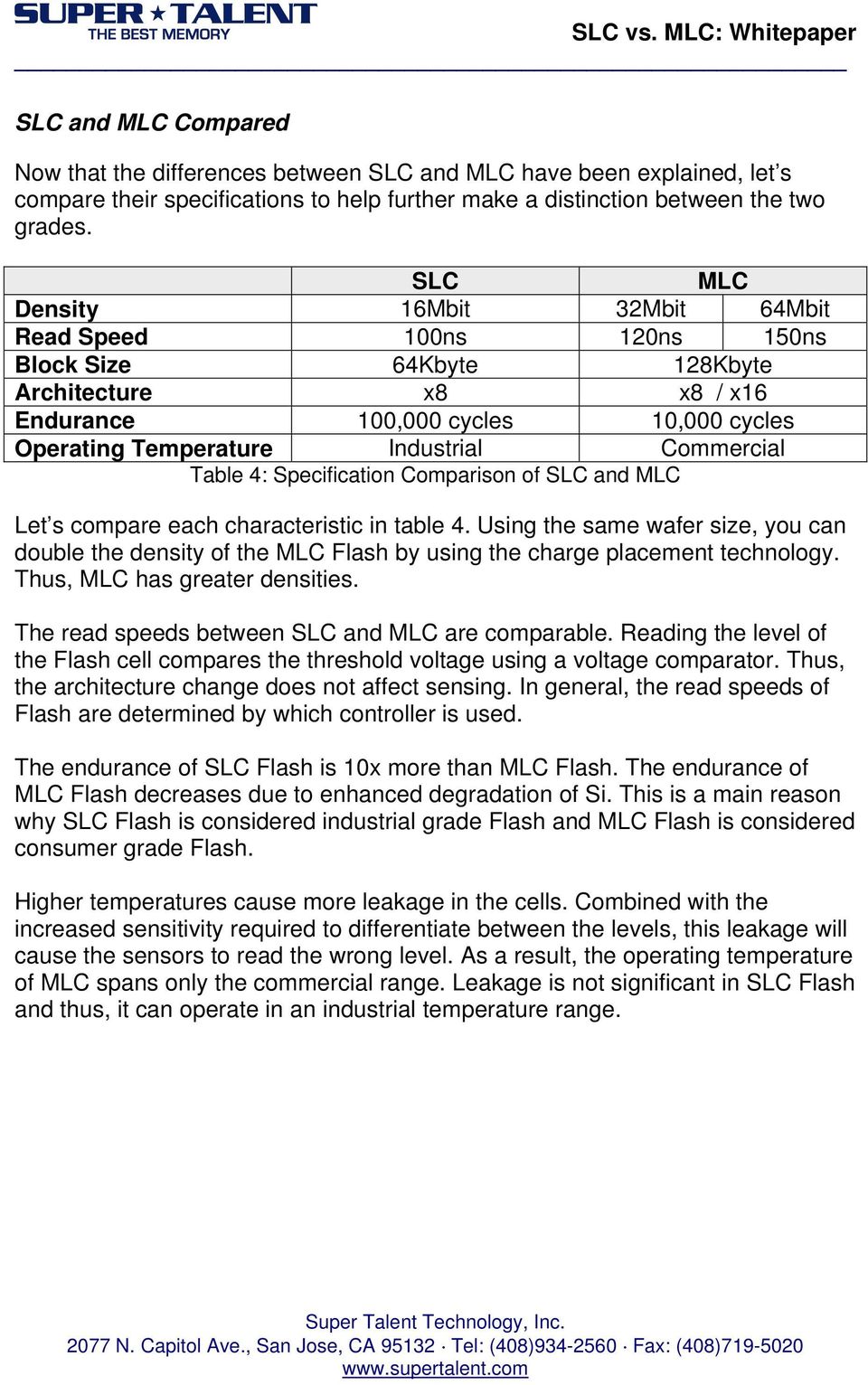 Commercial Table 4: Specification Comparison of SLC and MLC Let s compare each characteristic in table 4.