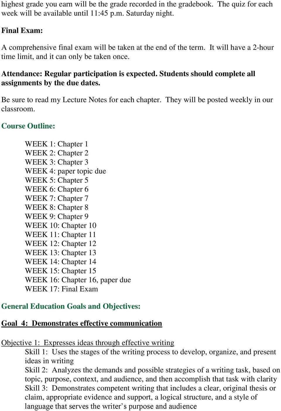 Students should complete all assignments by the due dates. Be sure to read my Lecture Notes for each chapter. They will be posted weekly in our classroom.