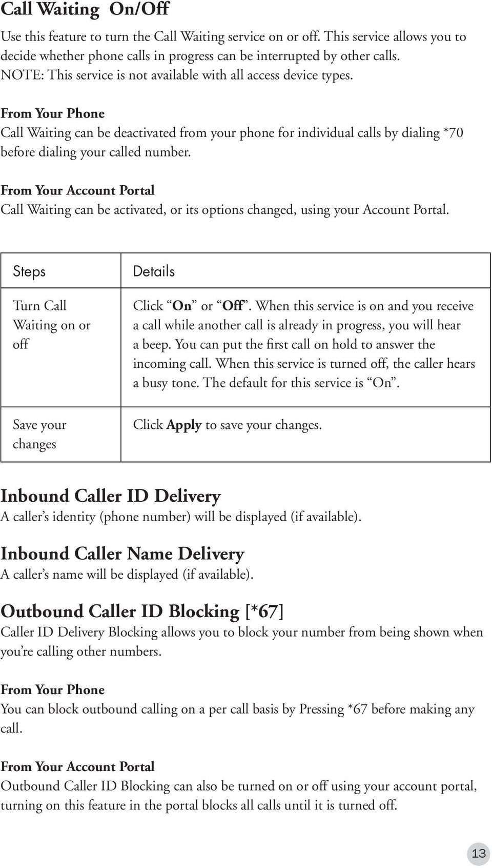 Call Waiting can be activated, or its options changed, using your Account Portal. Turn Call Waiting on or off Save your changes Click On or Off.