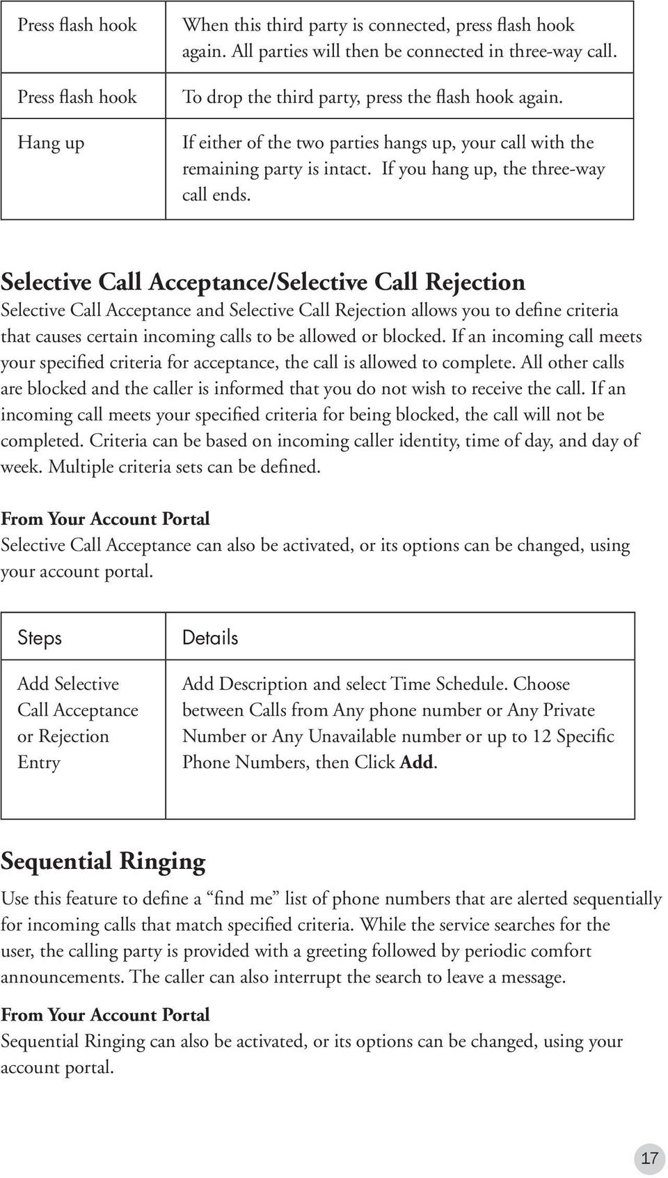Selective Call Acceptance/Selective Call Rejection Selective Call Acceptance and Selective Call Rejection allows you to define criteria that causes certain incoming calls to be allowed or blocked.