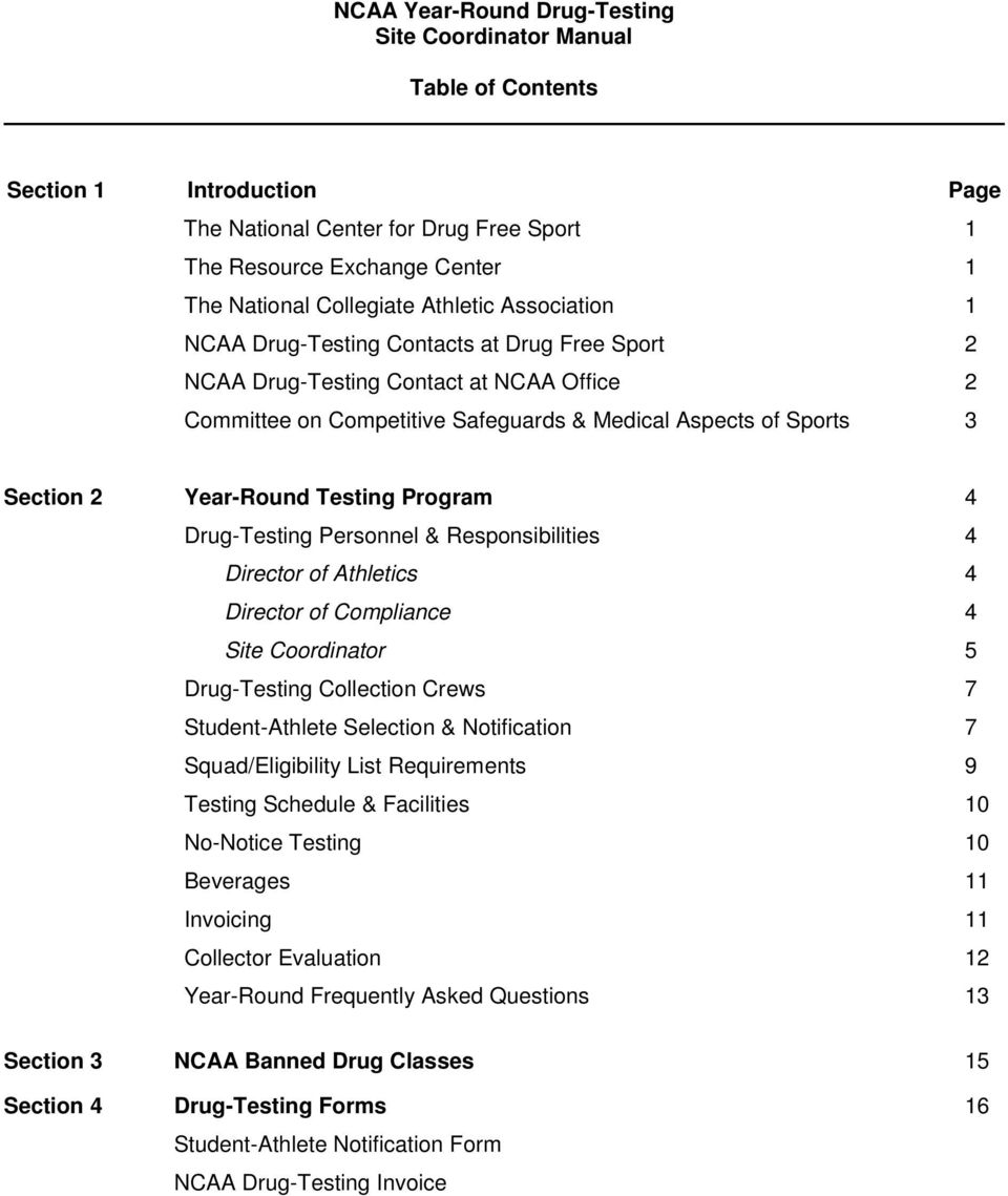 Drug-Testing Personnel & Responsibilities 4 Director of Athletics 4 Director of Compliance 4 Site Coordinator 5 Drug-Testing Collection Crews 7 Student-Athlete Selection & Notification 7