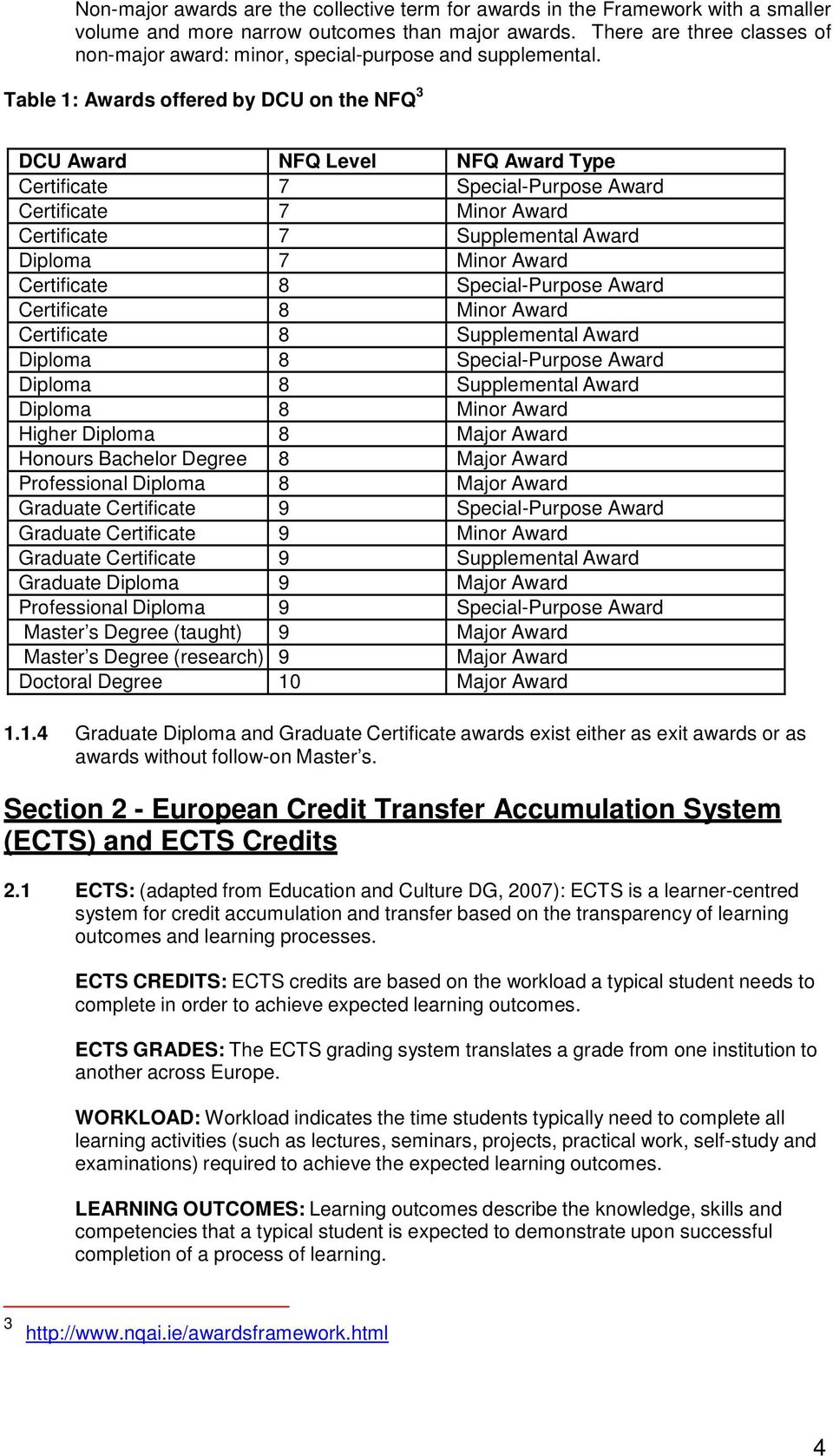 Table 1: Awards offered by DCU on the NFQ 3 DCU Award NFQ Level NFQ Award Type Certificate 7 Special-Purpose Award Certificate 7 Minor Award Certificate 7 Supplemental Award Diploma 7 Minor Award