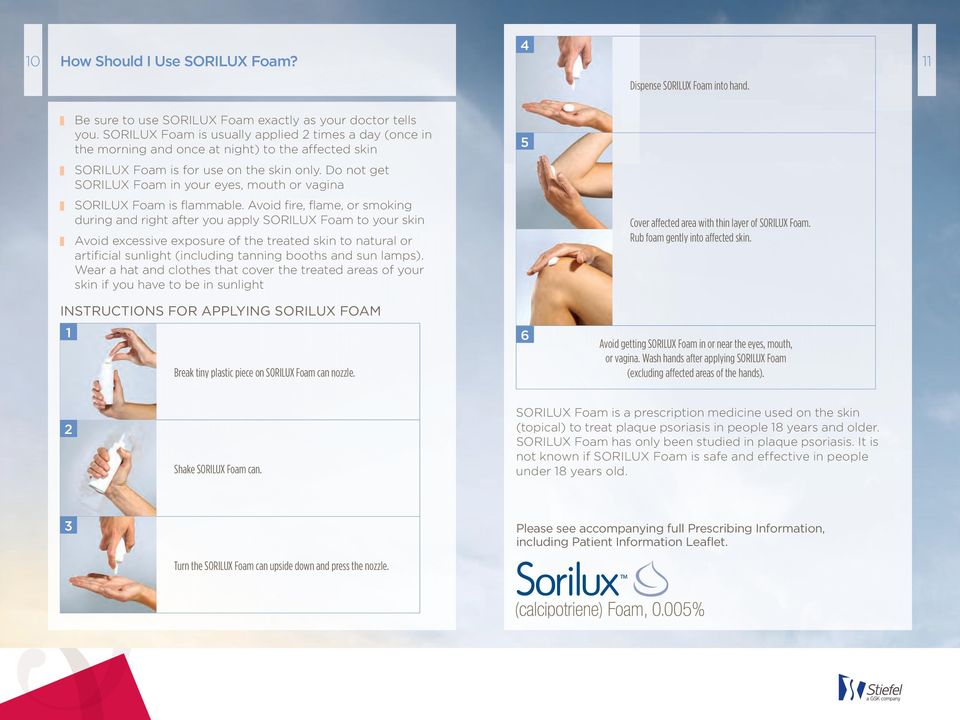 Do not get SORILUX Foam in your eyes, mouth or vagina Wear a hat and clothes that cover the treated areas of your skin if you have to be in sunlight Cover affected area with thin layer of SORILUX