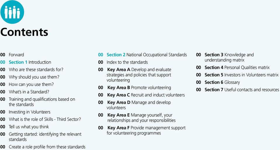 00 Tell us what you think 00 Getting started: identifying the relevant standards 00 Create a role profile from these standards 00 Section 2 National Occupational Standards 00 Index to the standards