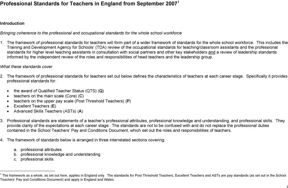 This includes the Training and Development Agency for Schools (TDA) review of the occupational standards for teaching/classroom assistants and the professional standards for higher level teaching