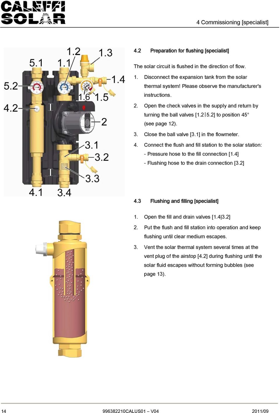 1] in the flowmeter. 4. Connect the flush and fill station to the solar station: - Pressure hose to the fill connection [1.4] - Flushing hose to the drain connection [3.2] 4.