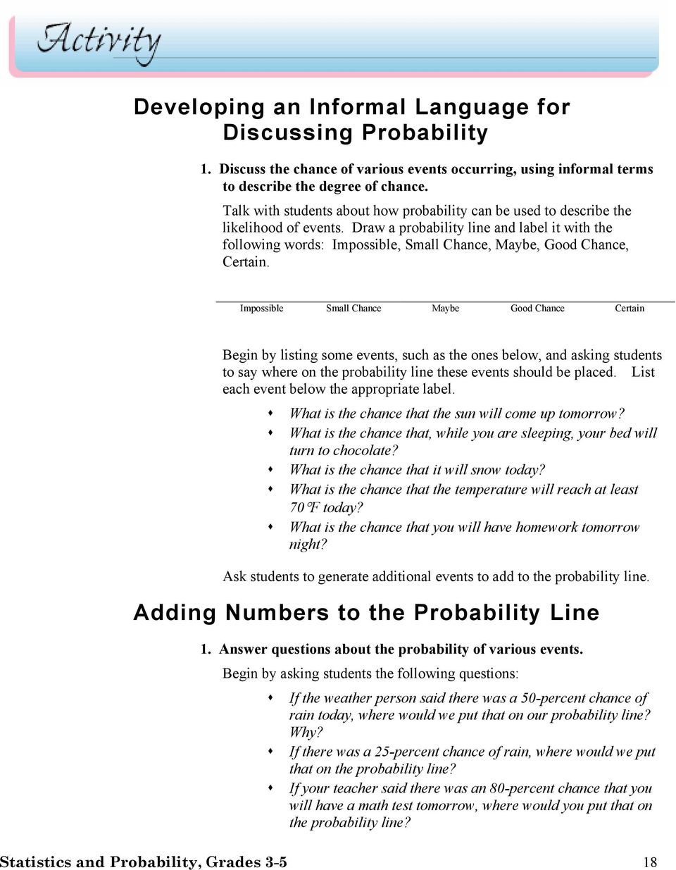 Draw a probability line and label it with the following words: Impossible, Small Chance, Maybe, Good Chance, Certain.