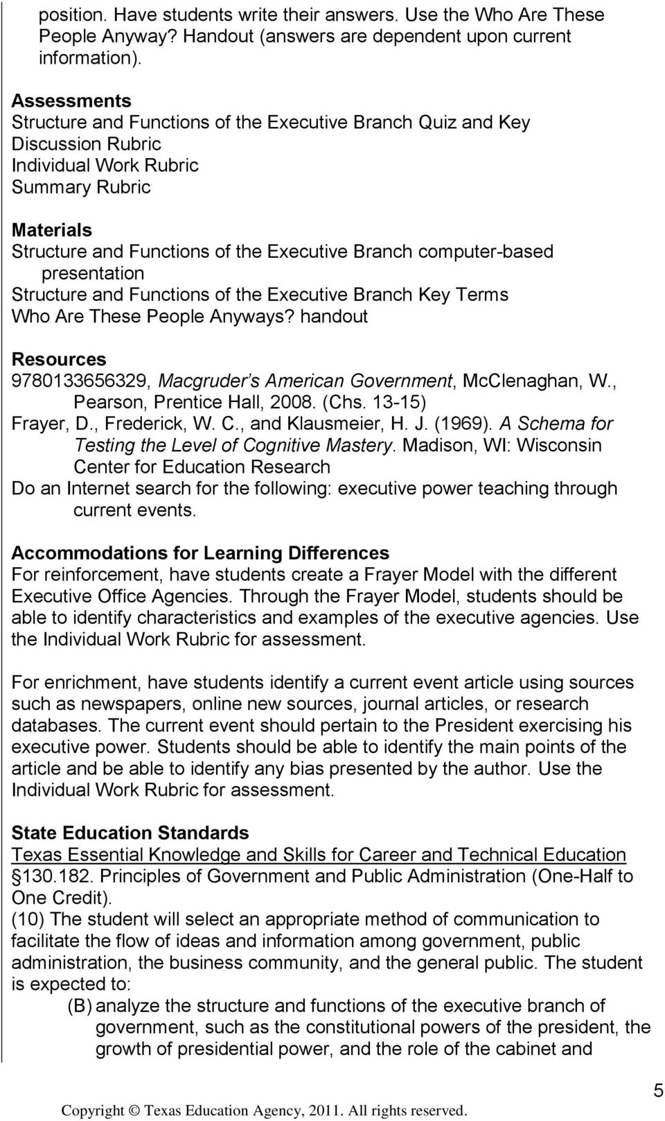 computer-based presentation Structure and Functions of the Executive Branch Key Terms Who Are These People Anyways? handout Resources 9780133656329, Macgruder s American Government, McClenaghan, W.