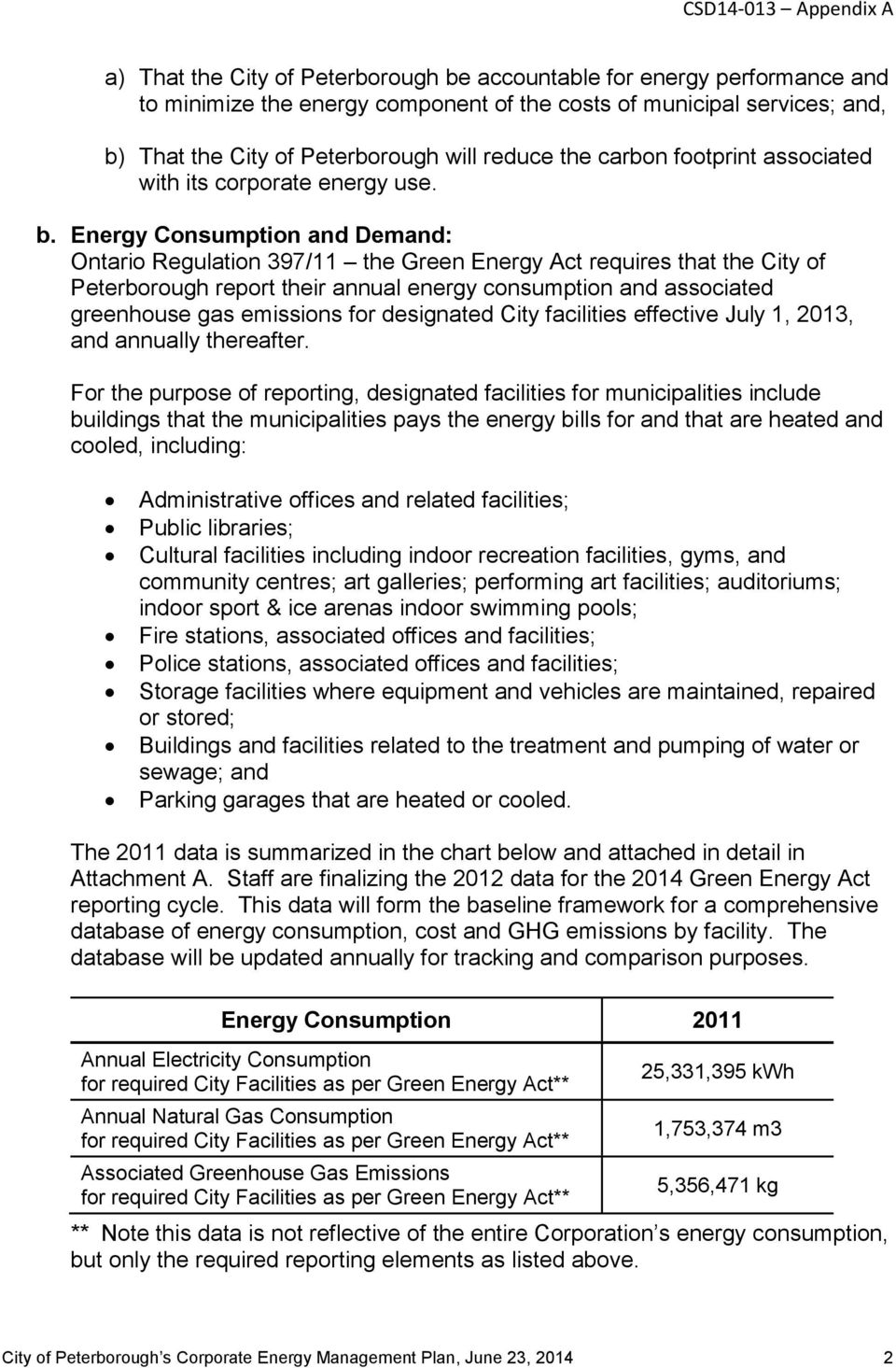 Energy Consumption and Demand: Ontario Regulation 397/11 the Green Energy Act requires that the City of Peterborough report their annual energy consumption and associated greenhouse gas emissions for