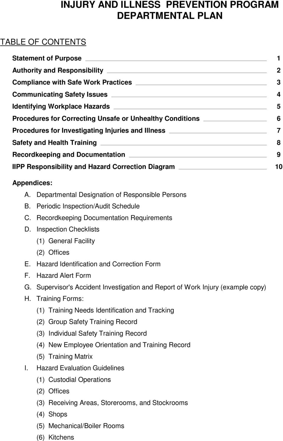 Documentation 9 IIPP Responsibility and Hazard Correction Diagram 10 Appendices: A. Departmental Designation of Responsible Persons B. Periodic Inspection/Audit Schedule C.