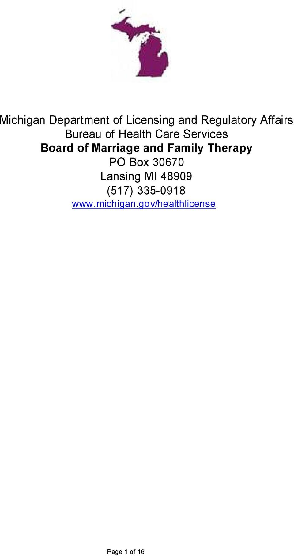 Marriage and Family Therapy PO Box 30670 Lansing MI