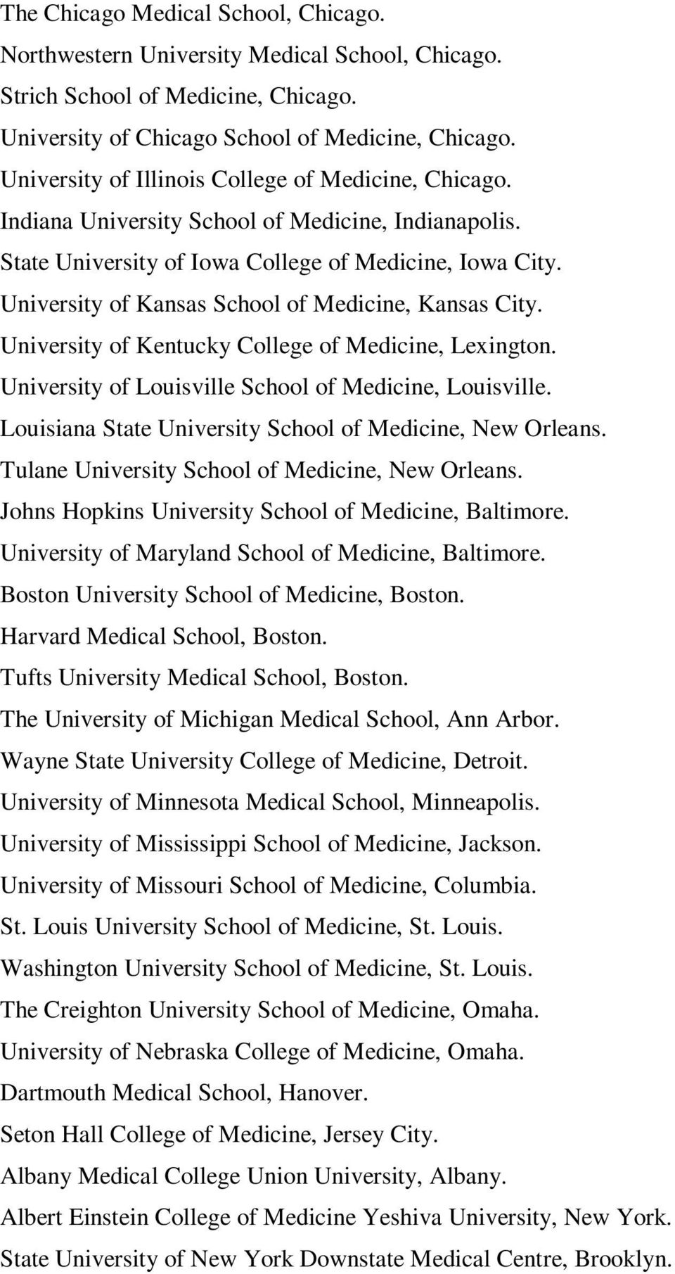 University of Kansas School of Medicine, Kansas City. University of Kentucky College of Medicine, Lexington. University of Louisville School of Medicine, Louisville.