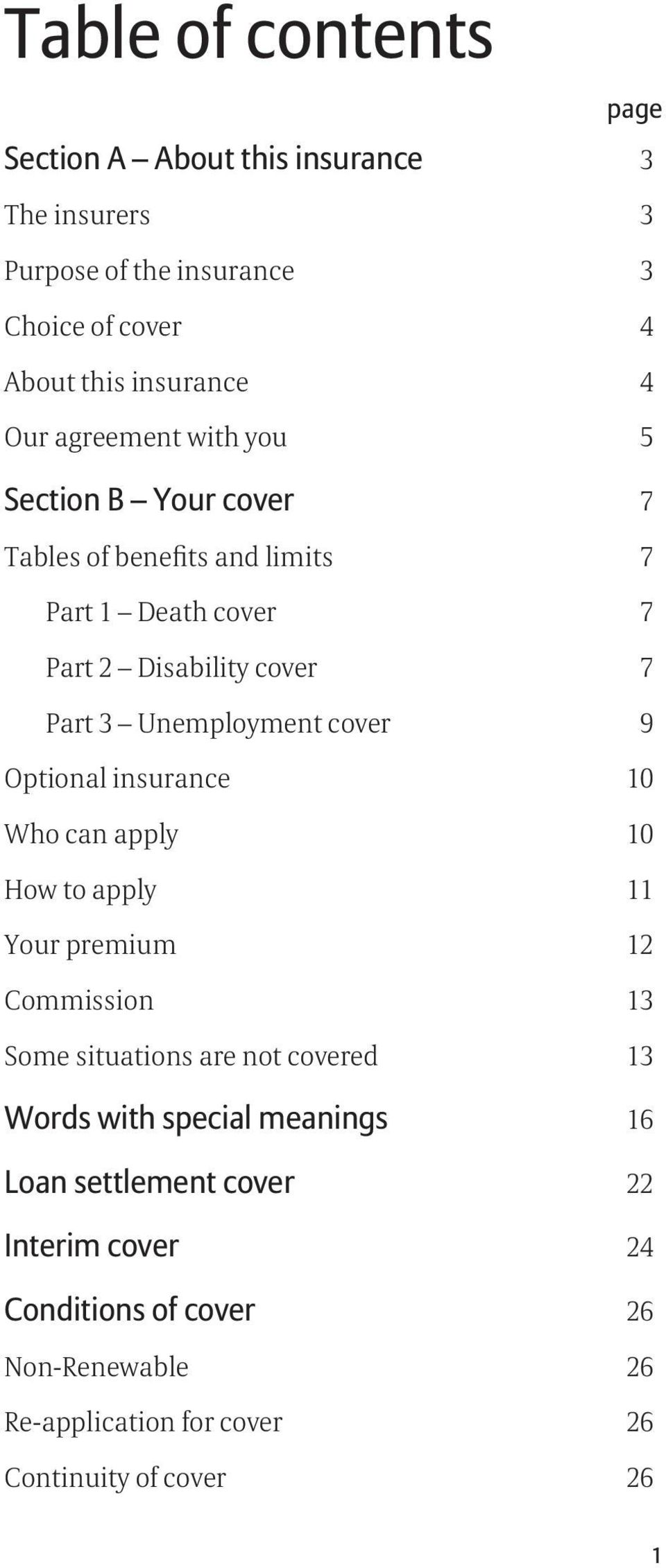 cover 9 Optional insurance 10 Who can apply 10 How to apply 11 Your premium 12 Commission 13 Some situations are not covered 13 Words with