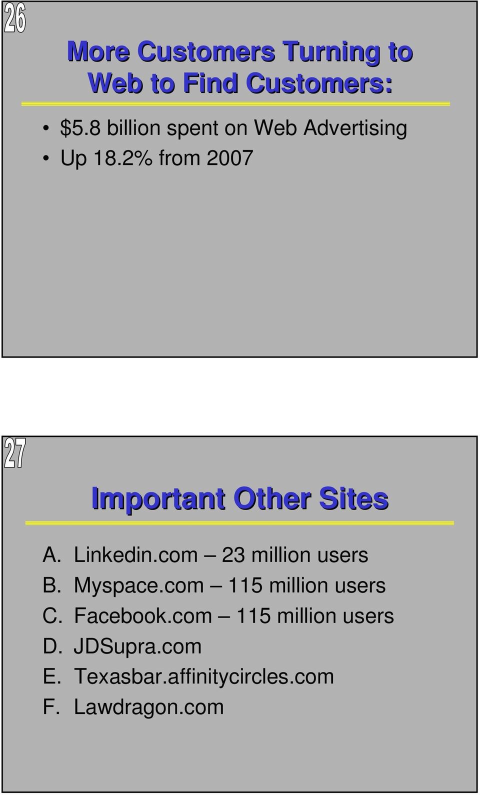 2% from 2007 Important Other Sites A. Linkedin.com 23 million users B.