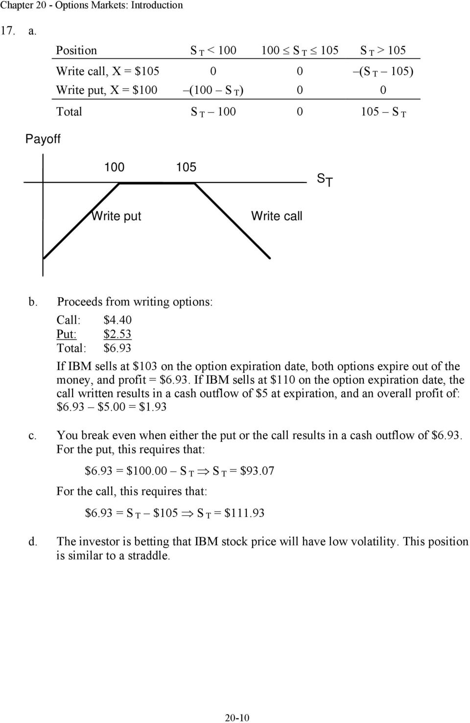 93 $5.00 = $1.93 c. You break even when either the put or the call results in a cash outflow of $6.93. For the put, this requires that: $6.93 = $100.00 = $93.07 For the call, this requires that: $6.