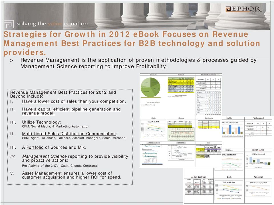 Revenue Management Best Practices for 2012 and Beyond include: I. Have a lower cost of sales than your competition. II. III. II. III. IV.