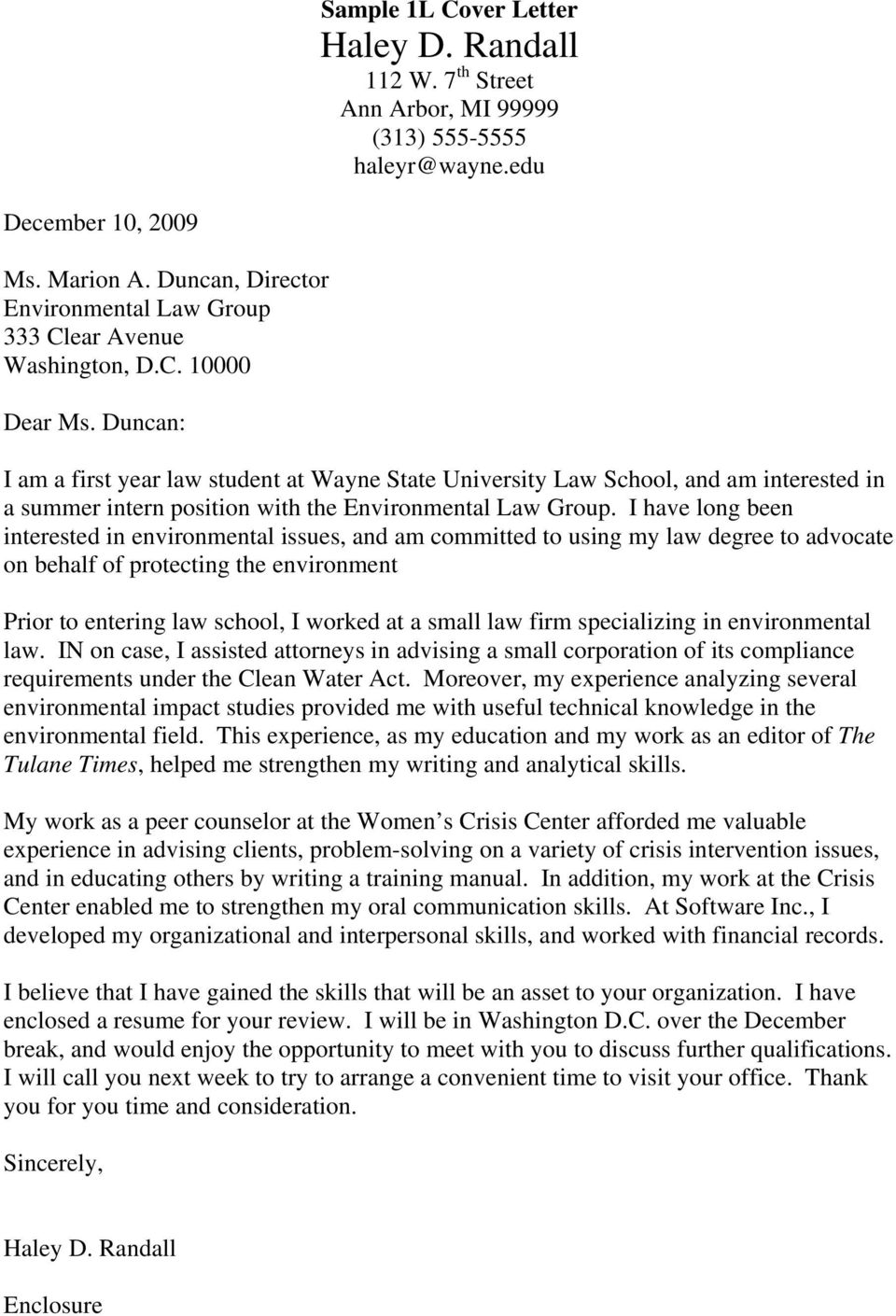 Cover Letter Law Student Sample Cover Letter