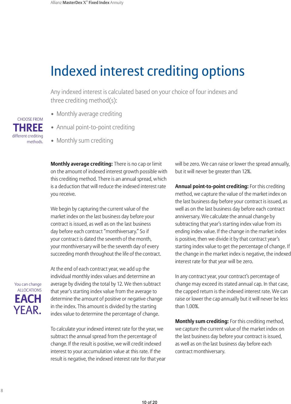 Monthly average crediting: There is no cap or limit on the amount of indexed interest growth possible with this crediting method.