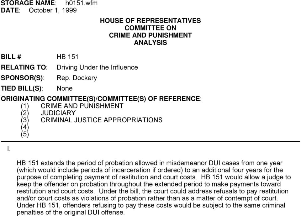 HB 151 extends the period of probation allowed in misdemeanor DUI cases from one year (which would include periods of incarceration if ordered) to an additional four years for the purpose of
