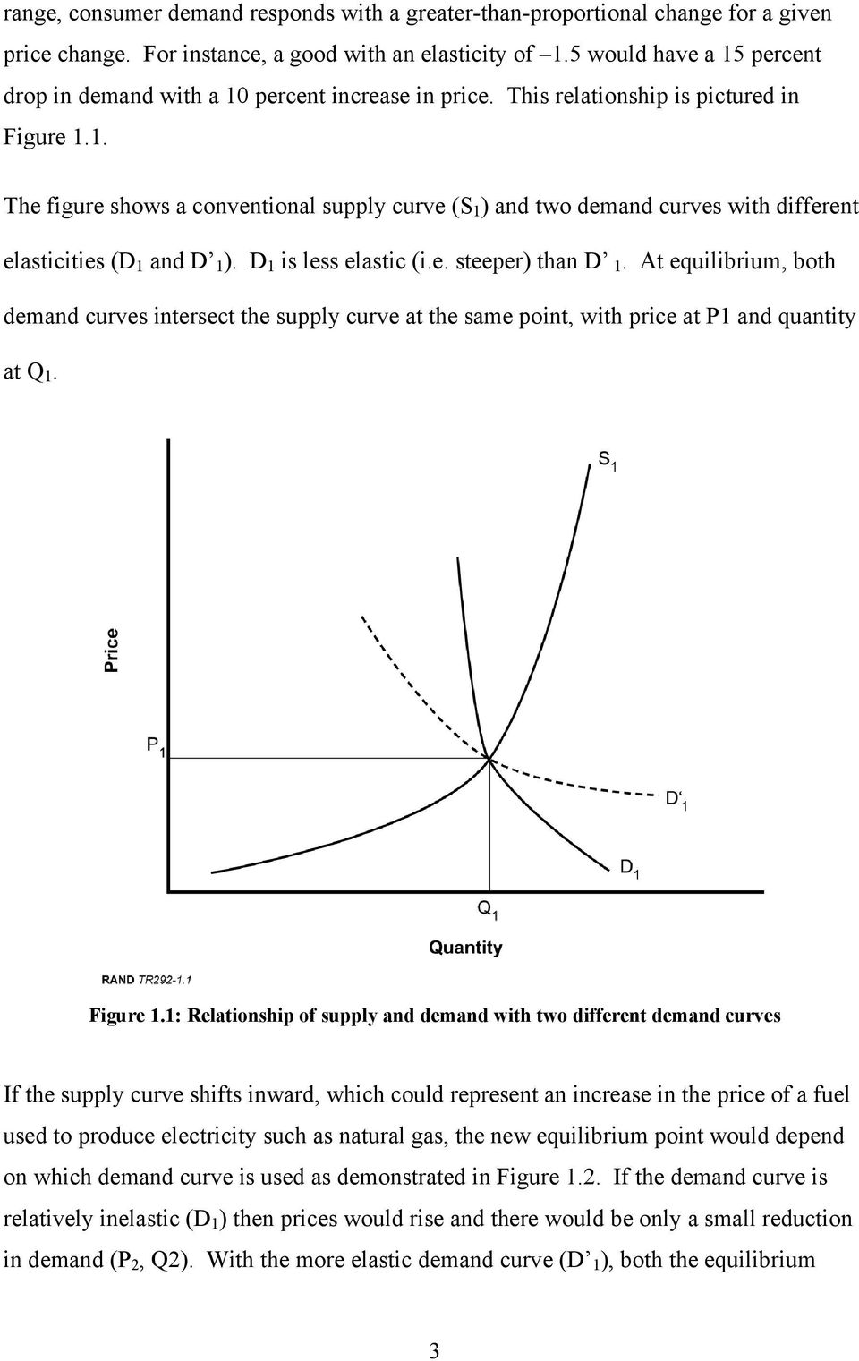 D 1 is less elastic (i.e. steeper) than D 1. At equilibrium, both demand curves intersect the supply curve at the same point, with price at P1 and quantity at Q 1. Figure 1.