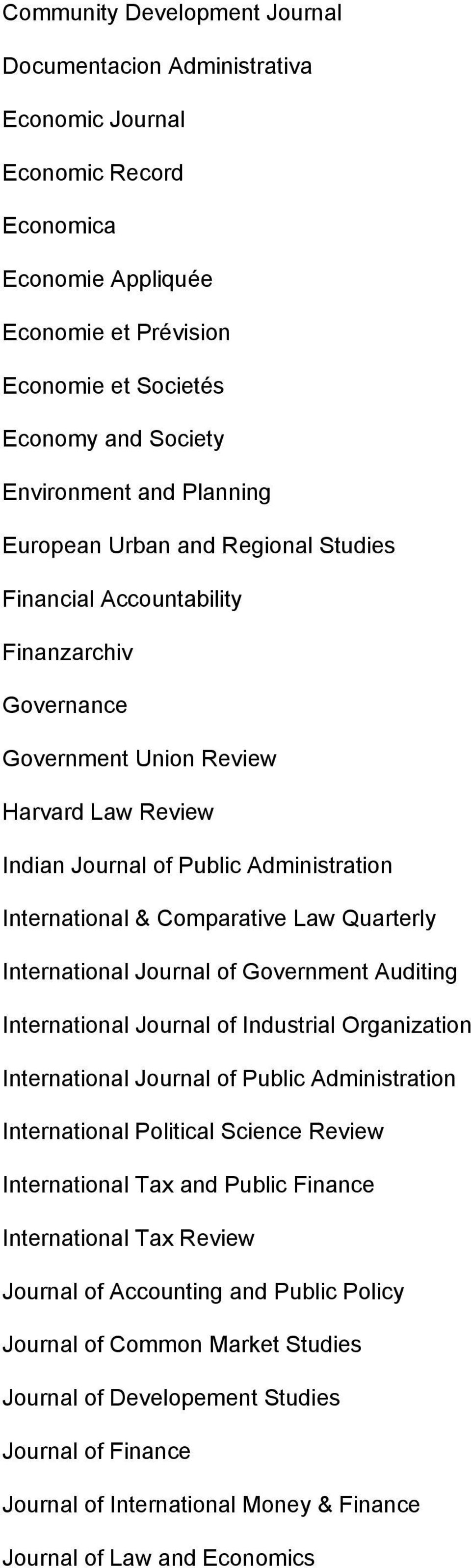 Comparative Law Quarterly International Journal of Government Auditing International Journal of Industrial Organization International Journal of Public Administration International Political Science