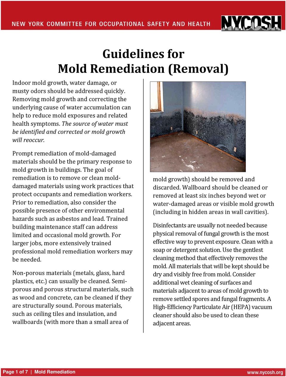 The source of water must be identified and corrected or mold growth will reoccur. Prompt remediation of mold damaged materials should be the primary response to mold growth in buildings.