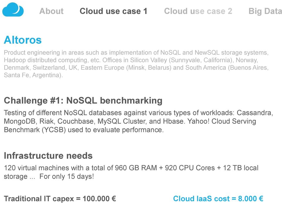 Challenge #1: NoSQL benchmarking Testing of different NoSQL databases against various types of workloads: Cassandra, MongoDB, Riak, Couchbase, MySQL Cluster, and Hbase. Yahoo!