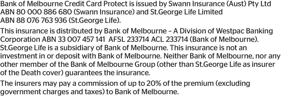 George Life is a subsidiary of Bank of Melbourne. This insurance is not an investment in or deposit with Bank of Melbourne.