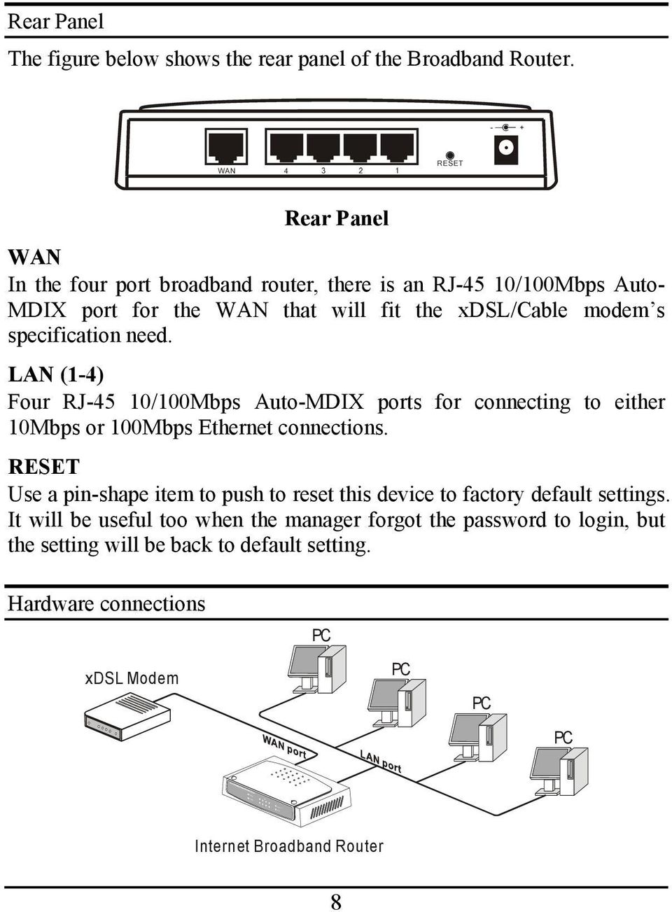 LAN (1-4) Four RJ-45 10/100Mbps Auto-MDIX ports for connecting to either 10Mbps or 100Mbps Ethernet connections.