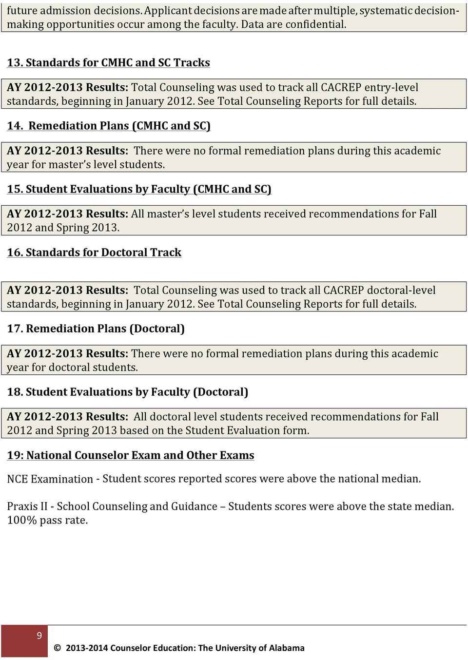 14. Remediation Plans (CMHC and SC) AY 2012-2013 Results: There were no formal remediation plans during this academic year for master s level students. 15.