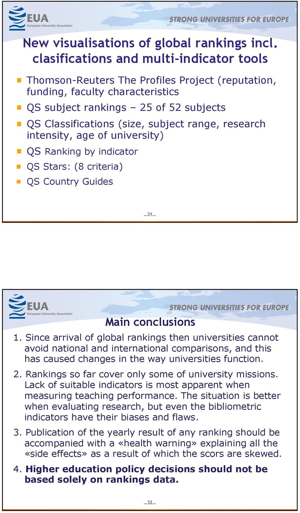 range, research intensity, age of university) QS Ranking by indicator QS Stars: (8 criteria) QS Country Guides 31 Main conclusions 1.