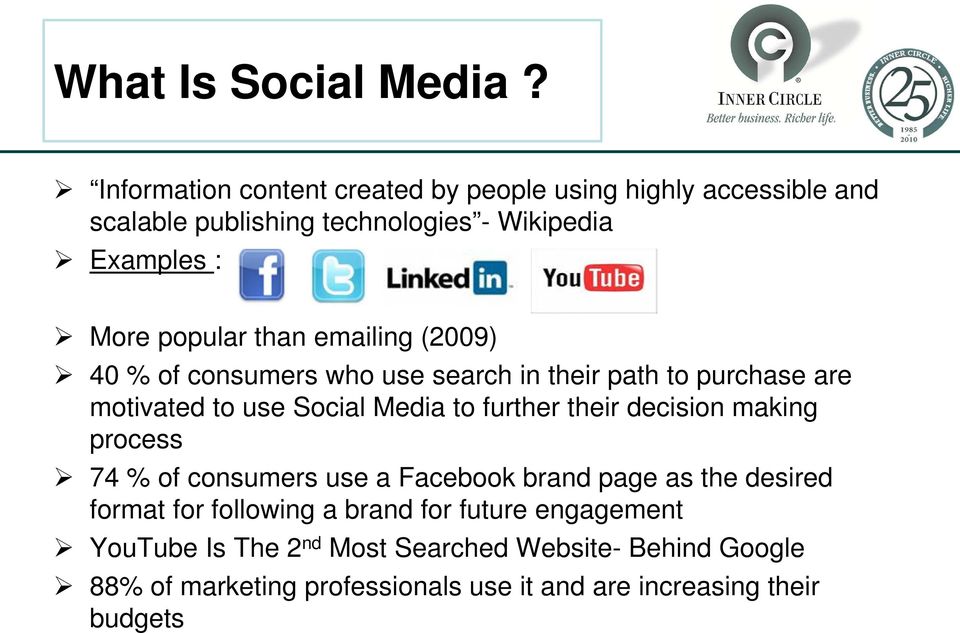 than emailing (2009) 40 % of consumers who use search in their path to purchase are motivated to use Social Media to further their