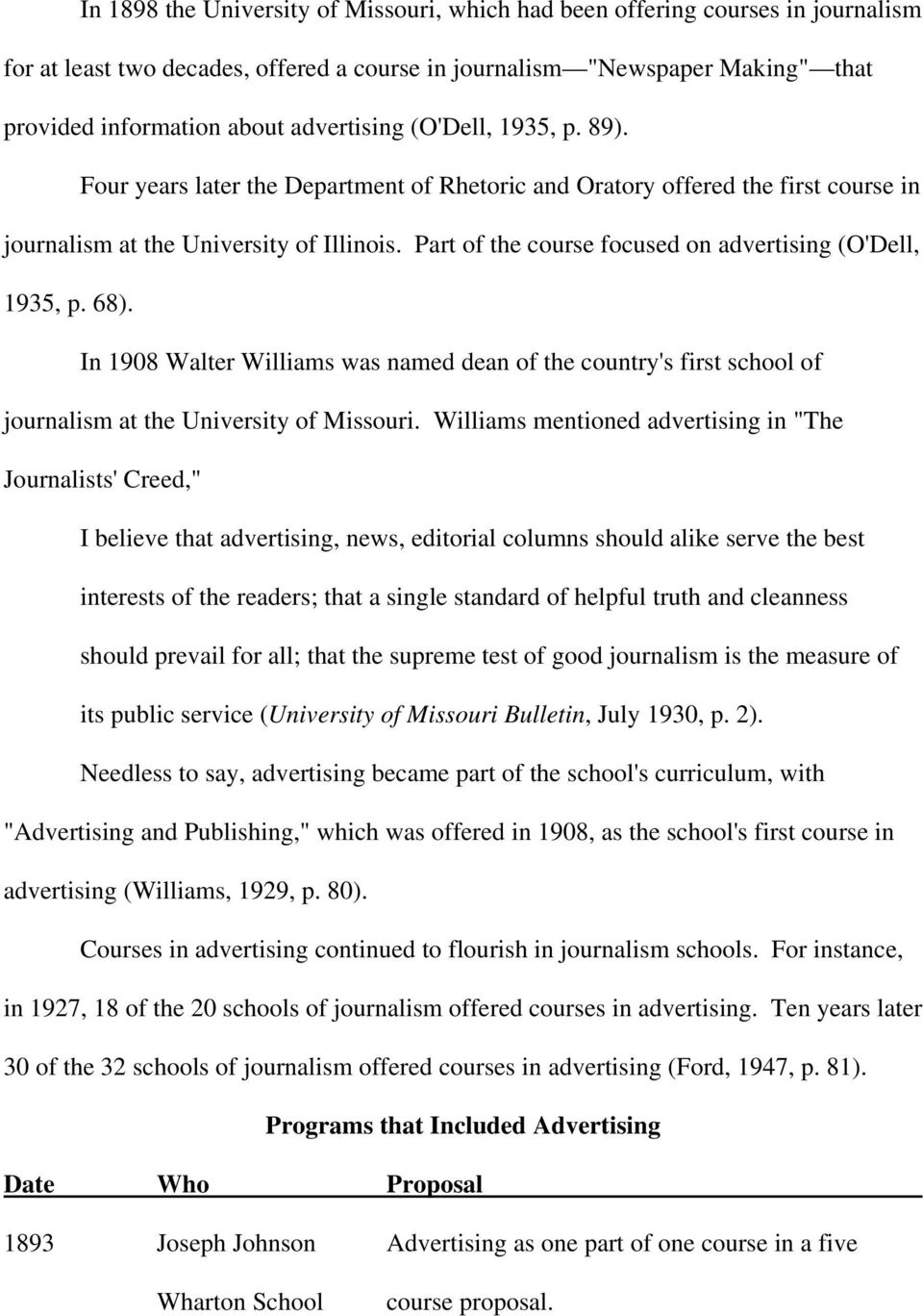 Part of the course focused on advertising (O'Dell, 1935, p. 68). In 1908 Walter Williams was named dean of the country's first school of journalism at the University of Missouri.
