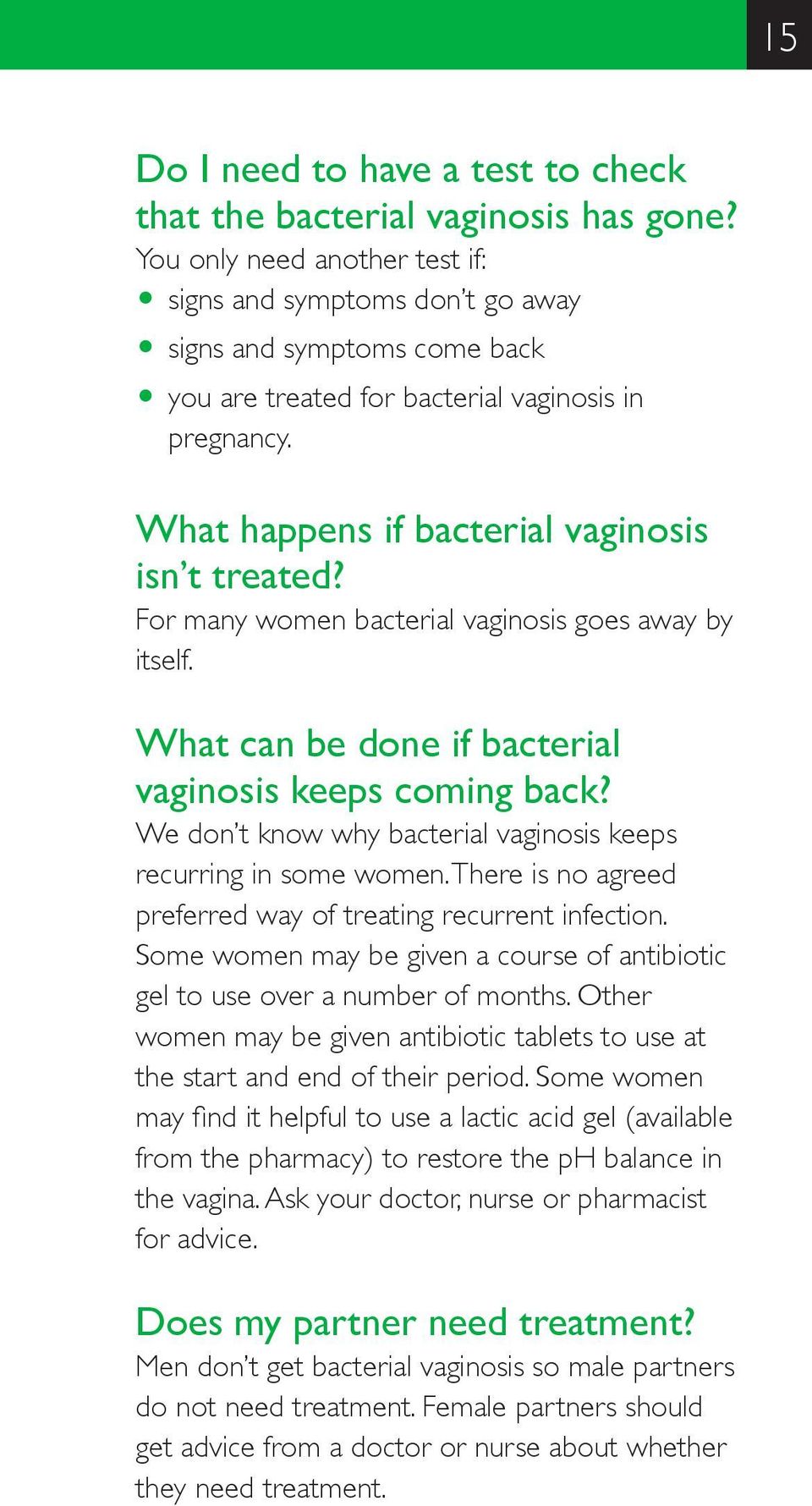 What happens if bacterial vaginosis isn t treated? For many women bacterial vaginosis goes away by itself. What can be done if bacterial vaginosis keeps coming back?