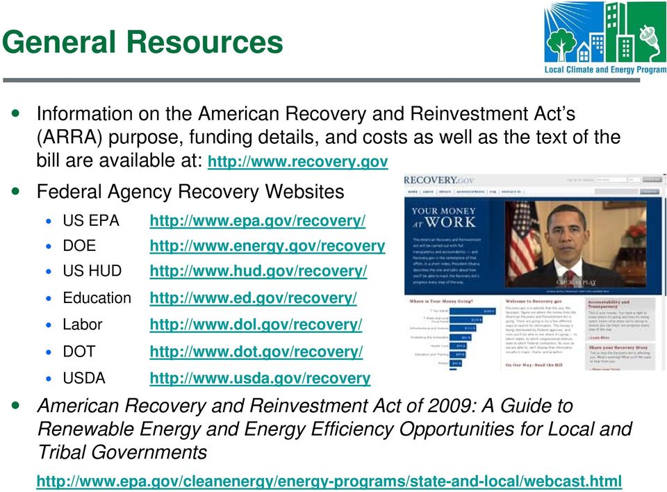 gov/recovery/ Education http://www.ed.gov/recovery/ Labor http://www.dol.gov/recovery/ DOT http://www.dot.gov/recovery/ USDA http://www.usda.