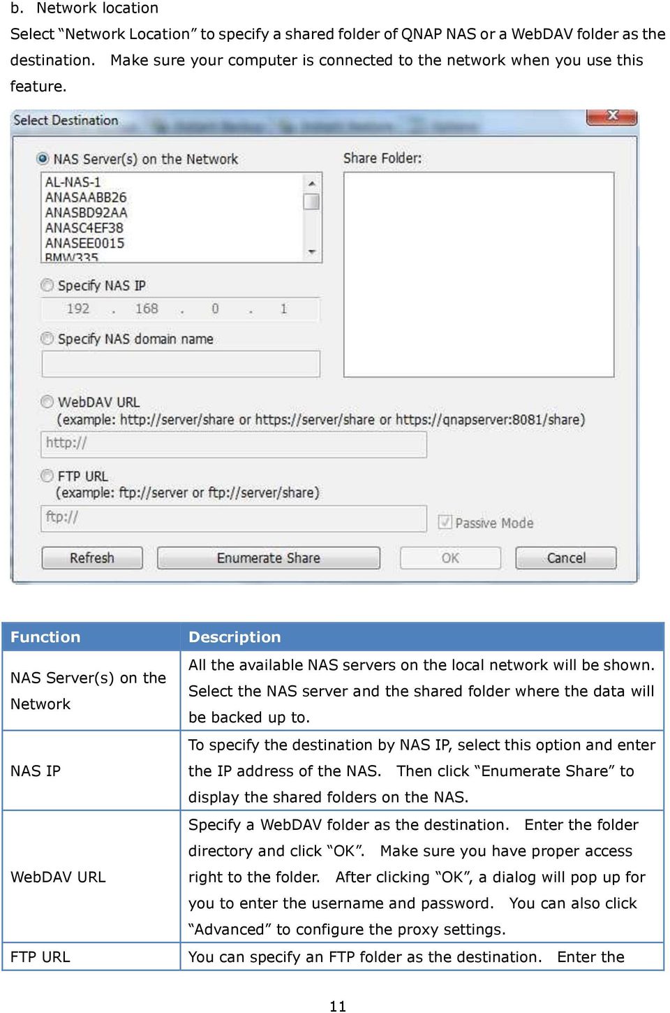 Select the NAS server and the shared folder where the data will be backed up to. To specify the destination by NAS IP, select this option and enter the IP address of the NAS.