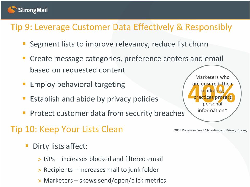 breaches Tip 10: Keep Your Lists Clean Dirty lists affect: > ISPs increases blocked and filtered email > Recipients increases mail to junk folder >