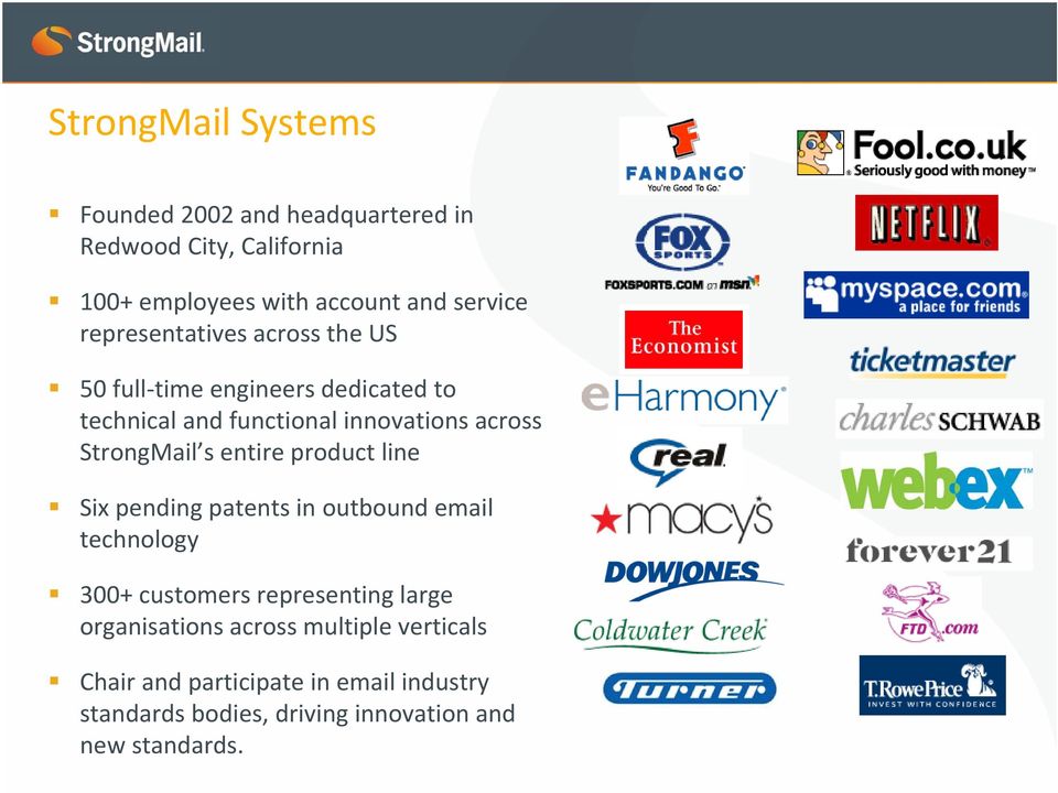 StrongMail s entire product line Six pending patents in outbound email technology 300+ customers representing large