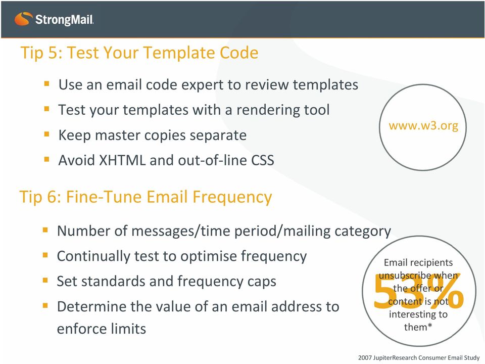 org Tip 6: Fine Tune Email Frequency Number of messages/time period/mailing category Continually test to optimise frequency Set