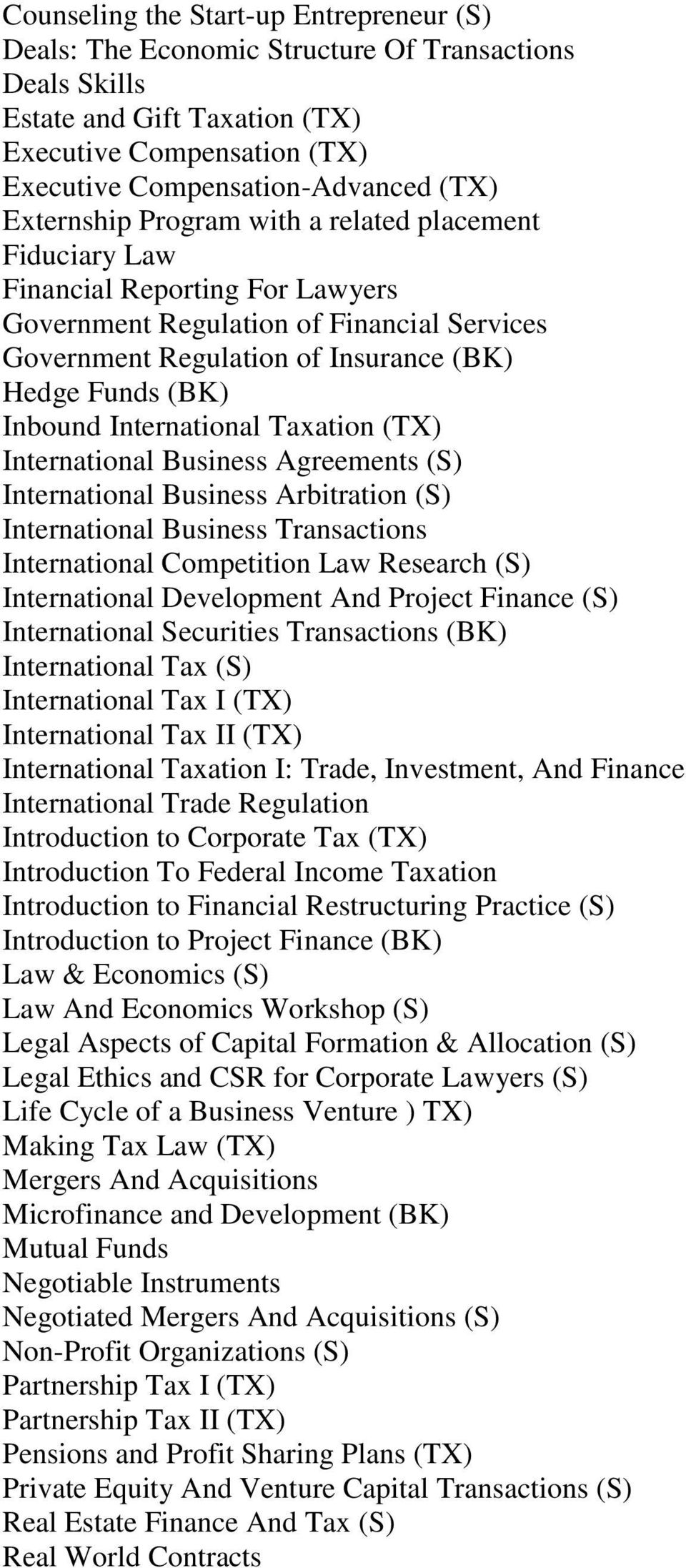 Business Agreements (S) International Business Arbitration (S) International Business Transactions International Competition Law Research (S) International Development And Project Finance (S)