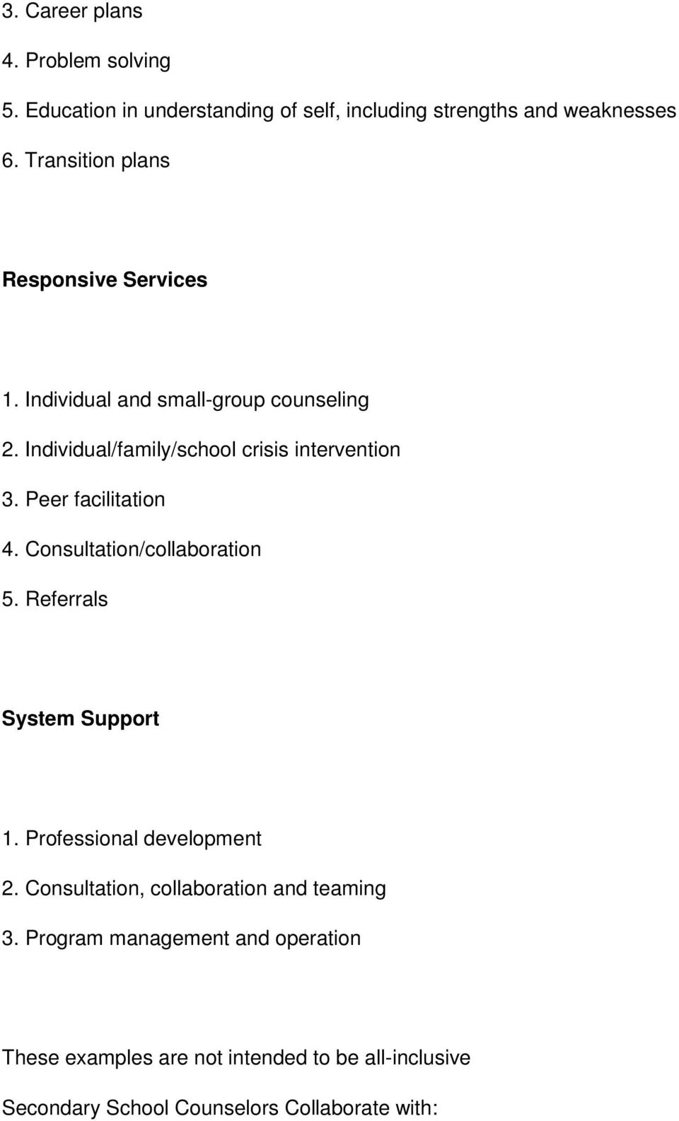 Peer facilitation 4. Consultation/collaboration 5. Referrals System Support 1. Professional development 2.