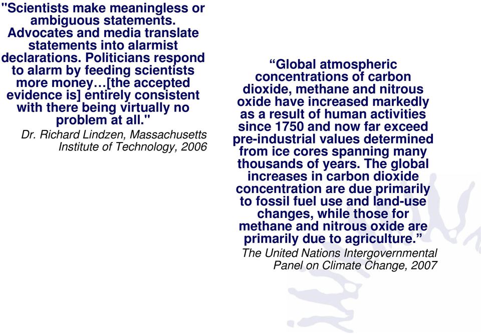 Richard Lindzen, Massachusetts Institute of Technology, 2006 Global atmospheric concentrations of carbon dioxide, methane and nitrous oxide have increased markedly as a result of human activities