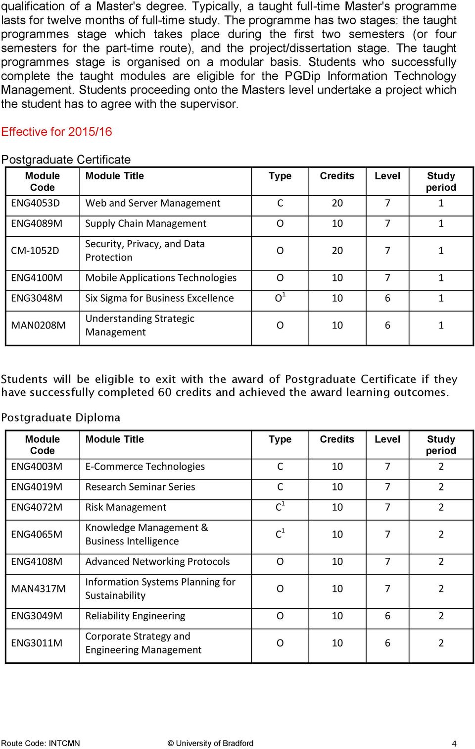 The taught programmes stage is organised on a modular basis. Students who successfully complete the taught modules are eligible for the PGDip Information Technology Management.