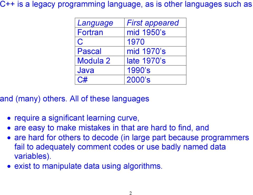 All of these languages require a significant learning curve, are easy to make mistakes in that are hard to find, and are
