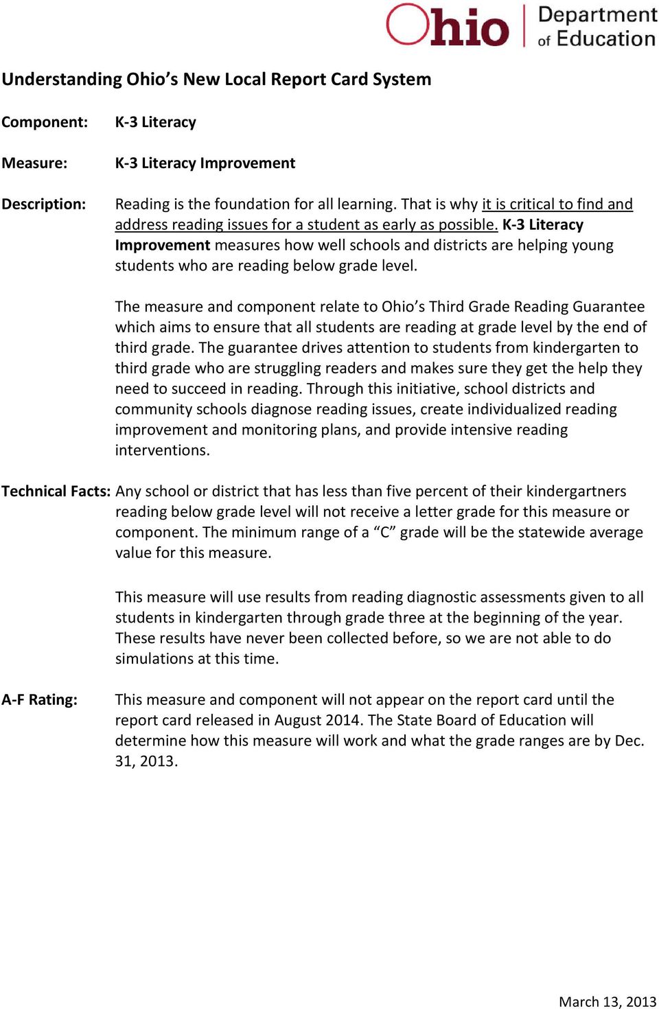 The measure and component relate to Ohio s Third Grade Reading Guarantee which aims to ensure that all students are reading at grade level by the end of third grade.