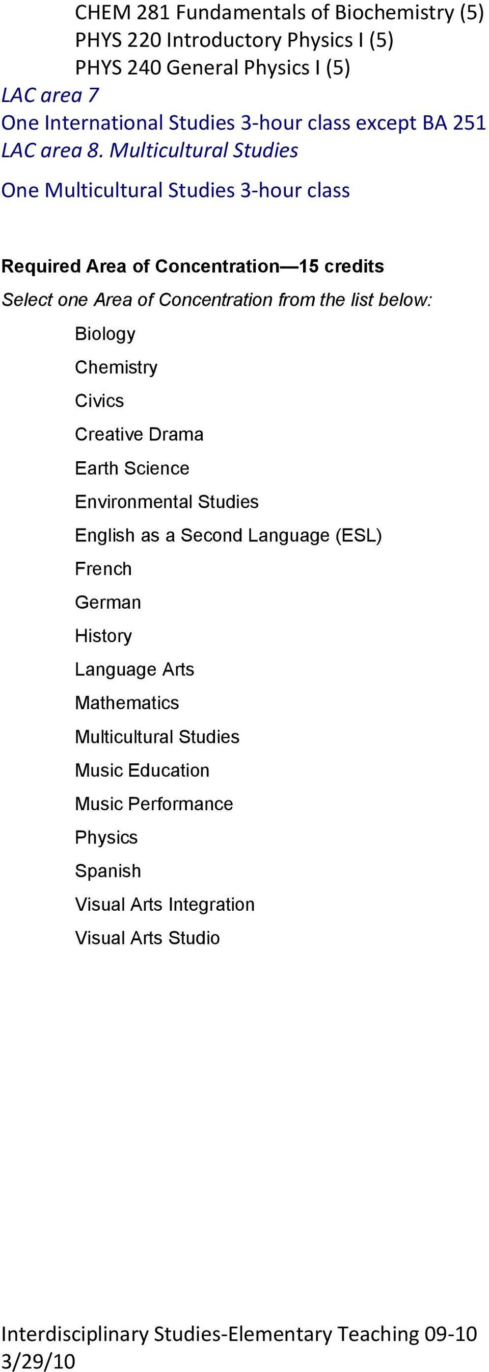 Multicultural Studies One Multicultural Studies 3-hour class Required Area of Concentration 15 credits Select one Area of Concentration from the list