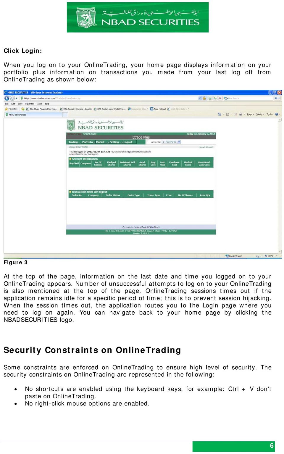 Number of unsuccessful attempts to log on to your OnlineTrading is also mentioned at the top of the page.