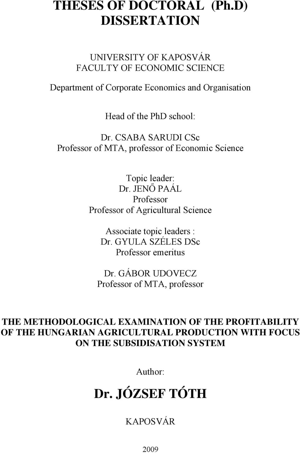 CSABA SARUDI CSc Professor of MTA, professor of Economic Science Topic leader: Dr.