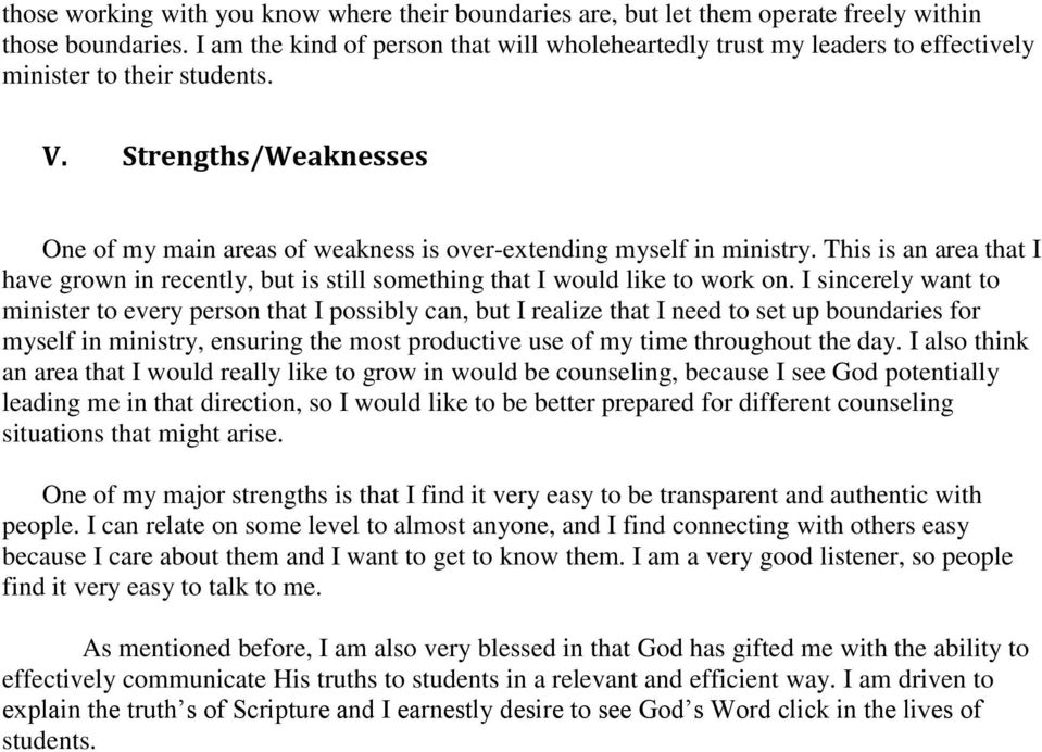 Strengths/Weaknesses One of my main areas of weakness is over-extending myself in ministry. This is an area that I have grown in recently, but is still something that I would like to work on.