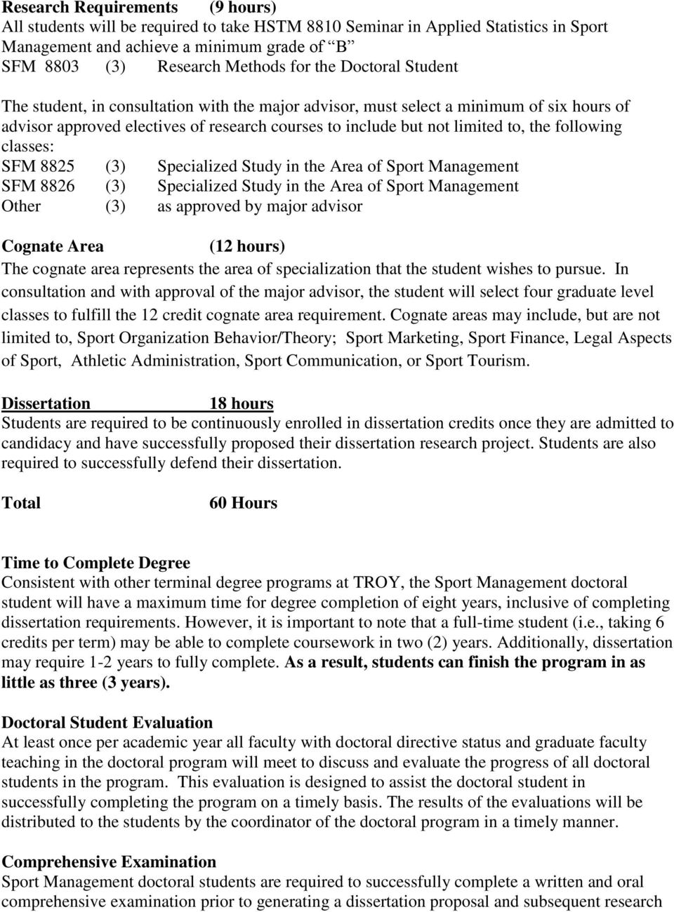 following classes: SFM 8825 (3) Specialized Study in the Area of Sport Management SFM 8826 (3) Specialized Study in the Area of Sport Management Other (3) as approved by major advisor Cognate Area